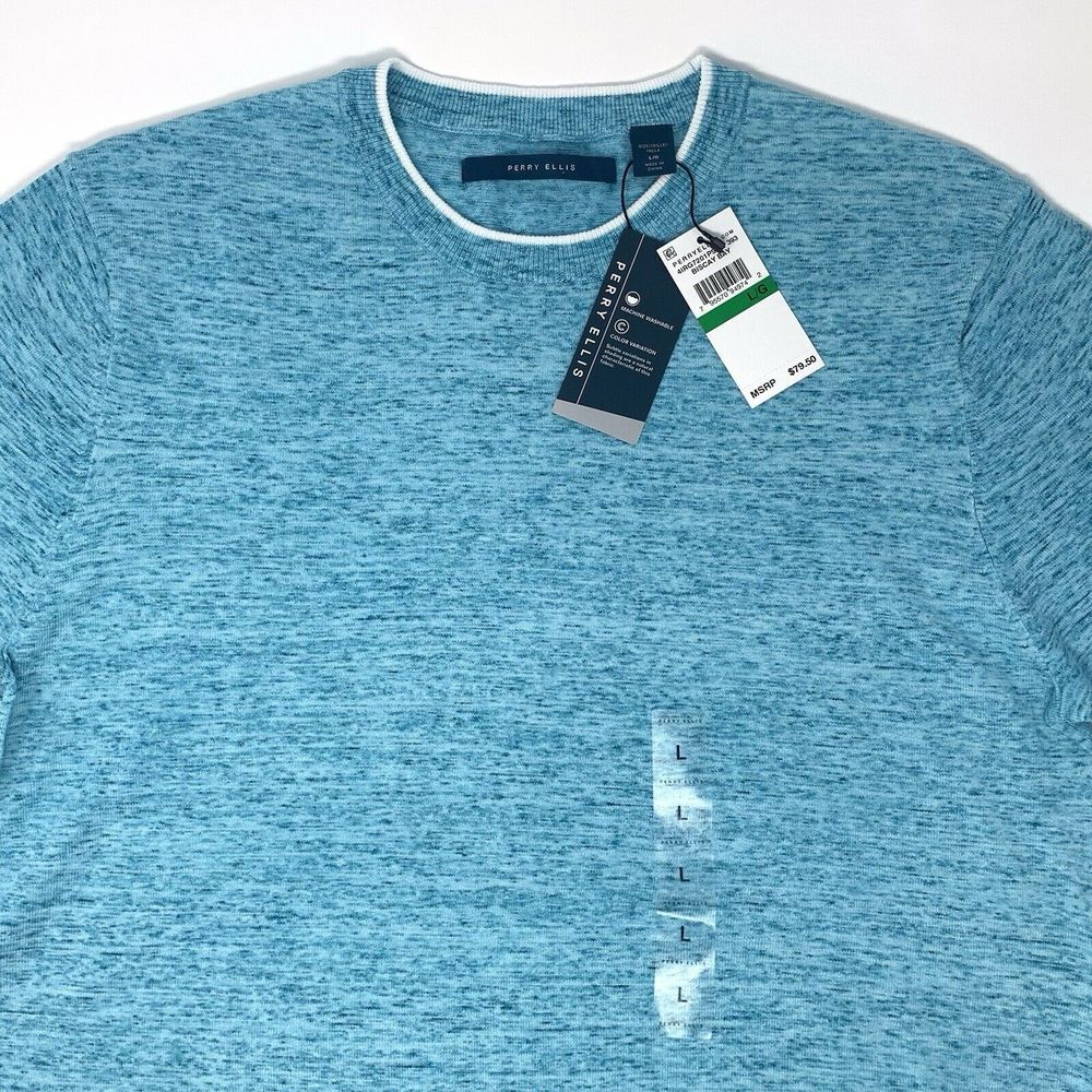 Perry Ellis Biscay Bay Blue Men's Short Sleeve Pullover‎ Sweater Size Large